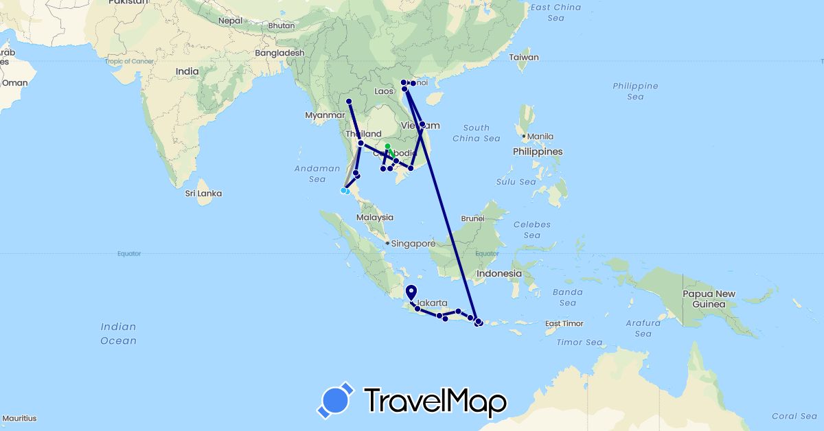TravelMap itinerary: driving, bus, plane, boat in Indonesia, Cambodia, Thailand, Vietnam (Asia)
